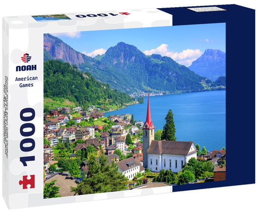 Noah Jigsaw Puzzle Small Swiss town with Gothic church at Lake Lucerne and the Alps, Switzerland 1000 pieces