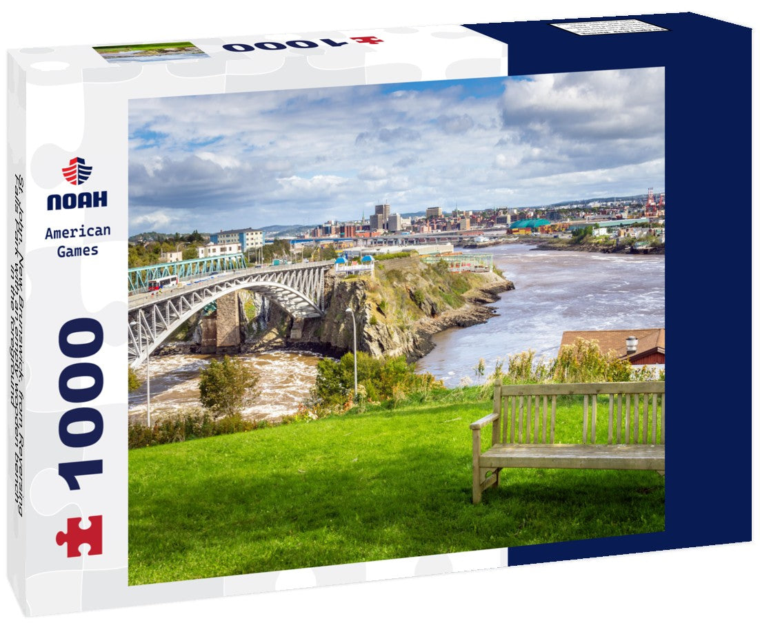 Noah Jigsaw Puzzle St. John, New Brunswick, from Reversing Falls Park with an empty wooden bench in the foreground 1000 pieces