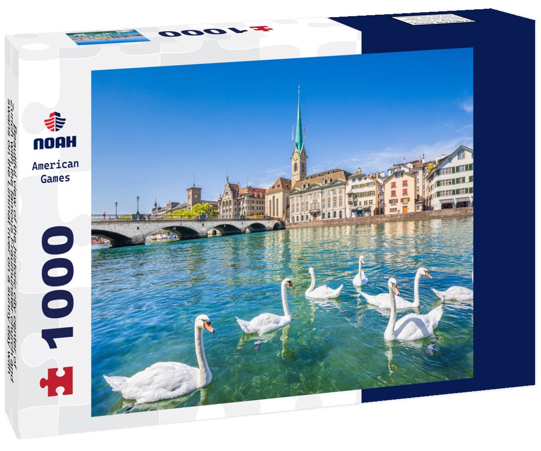 Noah Jigsaw Puzzle Beautiful view of the historic city center of Zurich with the famous Fraumunster church and swans on the Limmat river on a sunny day with blue sky, Canton of Zurich, Switzerland 1000 pieces