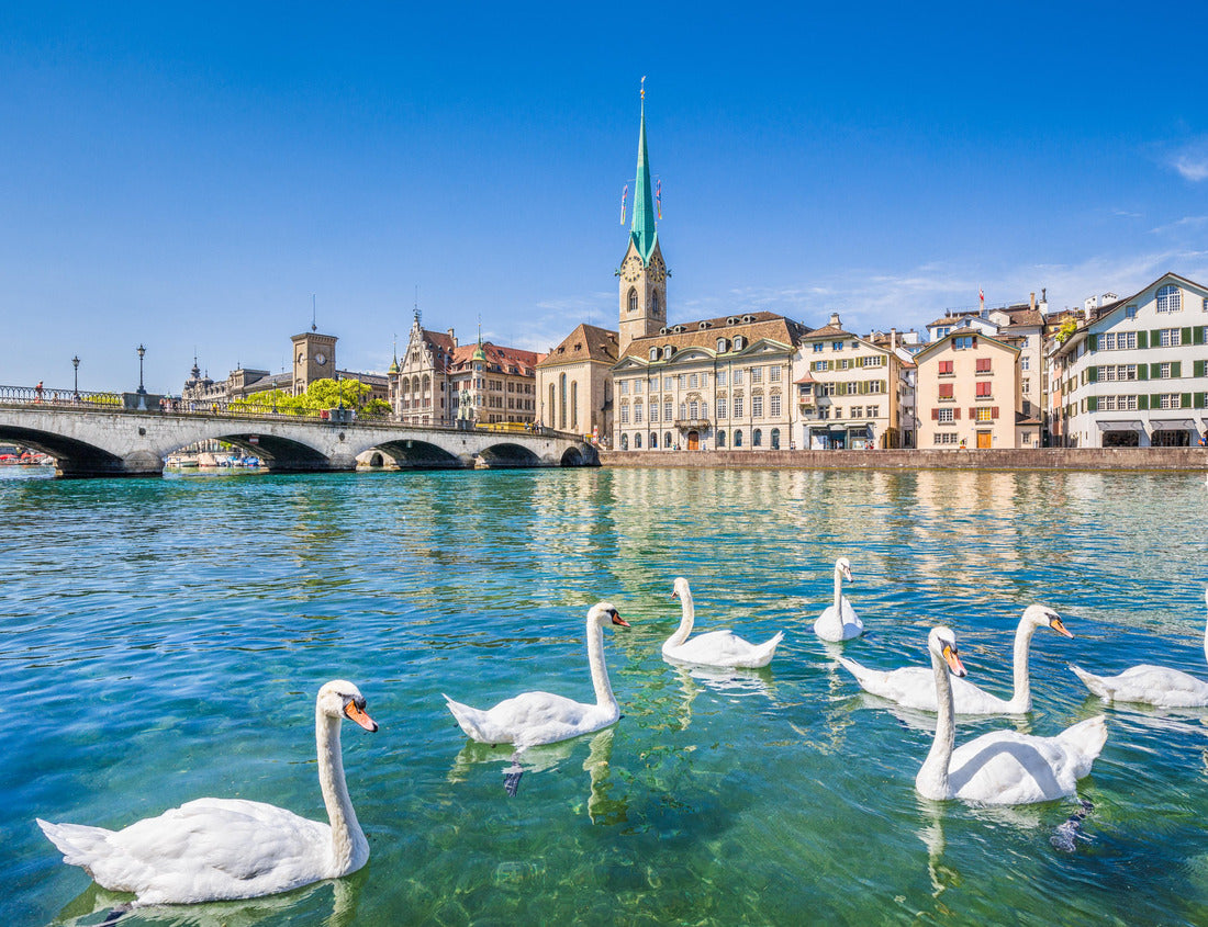 Noah Jigsaw Puzzle Beautiful view of the historic city center of Zurich with the famous Fraumunster church and swans on the Limmat river on a sunny day with blue sky, Canton of Zurich, Switzerland 1000 pieces