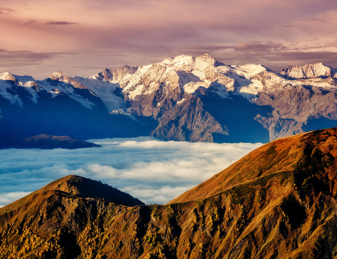 Noah Jigsaw Puzzle Fantastic panorama range shrouded in mist at the foot of Mt. Ushba. Dramatic foggy scene. Location famous place Upper Svaneti, Mestia, Georgia 1000 pieces