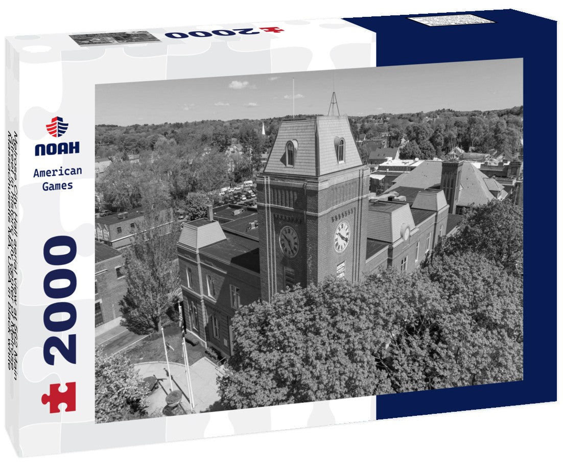 Noah Jigsaw Puzzle Melrose City Hall aerial view at 562 Main Street in historic city center of Melrose, Massachusetts MA, USA in black white 2000 pieces