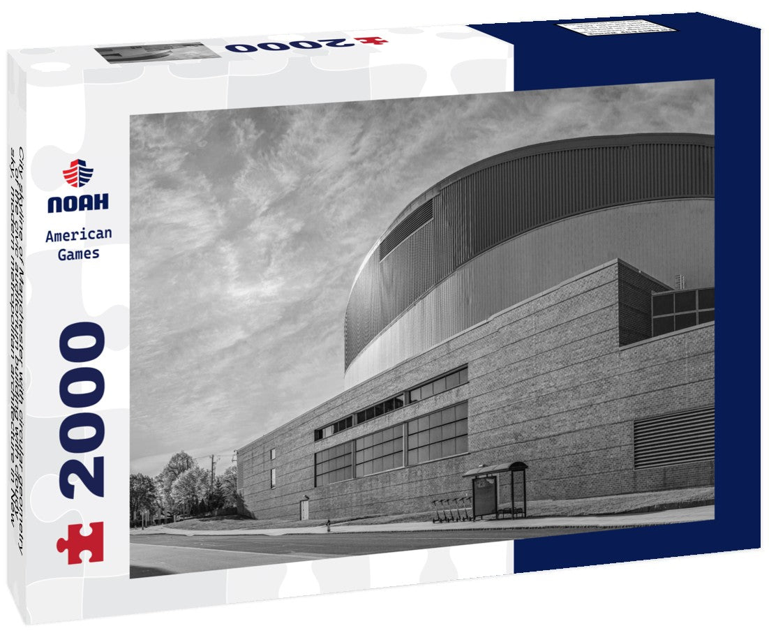 Noah Jigsaw Puzzle City skyline of Manchester with circular geometry of the civic auditorium building with cloudy sky, modern metropolitan architecture in New Hampshire in black white 2000 pieces