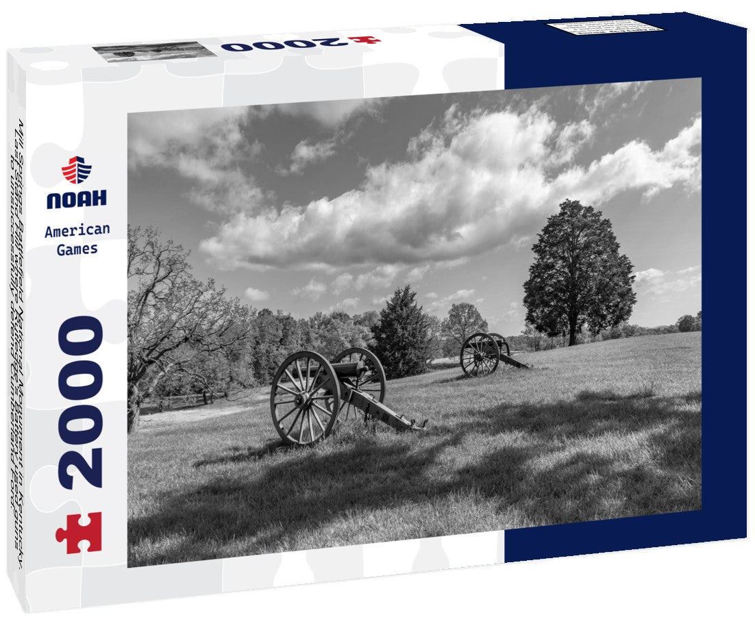 Noah Jigsaw Puzzle Mill Springs Battlefield National Monument in Kentucky. Last Stand Hill where Rutledge's Battery used guns to unsuccessfully defend Cumberland Ford. 1841 model six-pounder smoothbore cannon in black white 2000 pieces