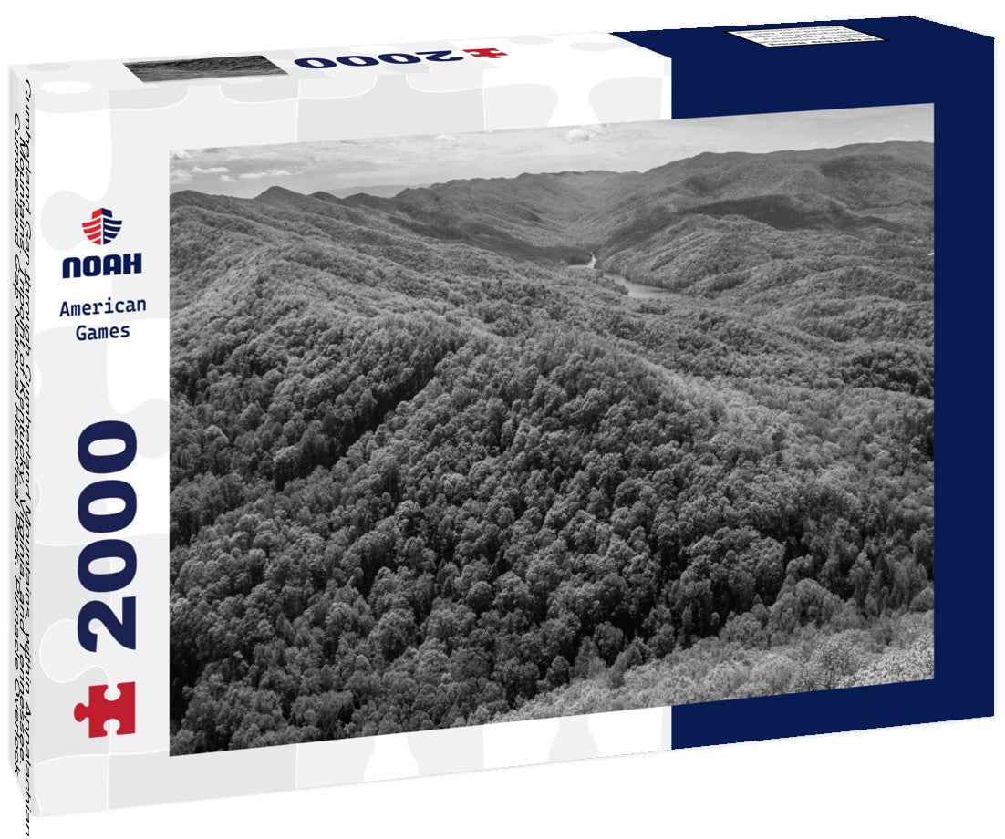 Cumberland Gap through Cumberland Mountains, within Appalachian Mountains. Tripoint of Kentucky, Virginia, and Tennessee. Cumberland Gap National Historical Park. Pinnacle Overlook at key passageway 2000pc PuzzleBlack and White