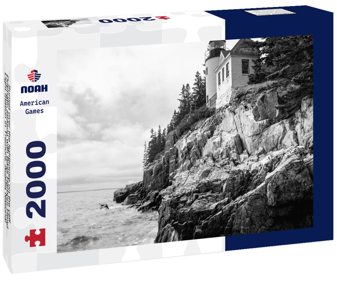 Noah Jigsaw Puzzle Sunset over the lighthouse on the cliff. Dramatic season with Bass Harbour Head Light Station in Tremont, Acadia National Park, Maine in black white 2000 pieces