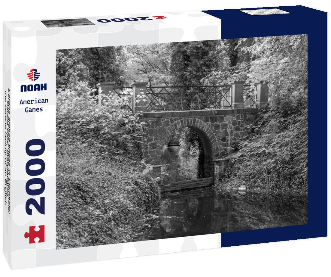 Noah Jigsaw Puzzle Serene arched bridge in Steinhöfel Palace Park, Brandenburg - the serene beauty of an English-style landscape garden in black white 2000 pieces