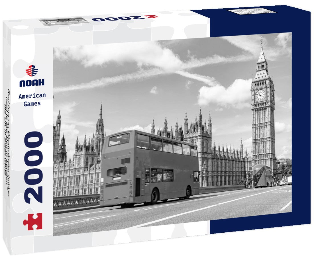 Noah Jigsaw Puzzle Red bus on Westminster bridge next to Big Ben in London, the UK in black white 2000 pieces