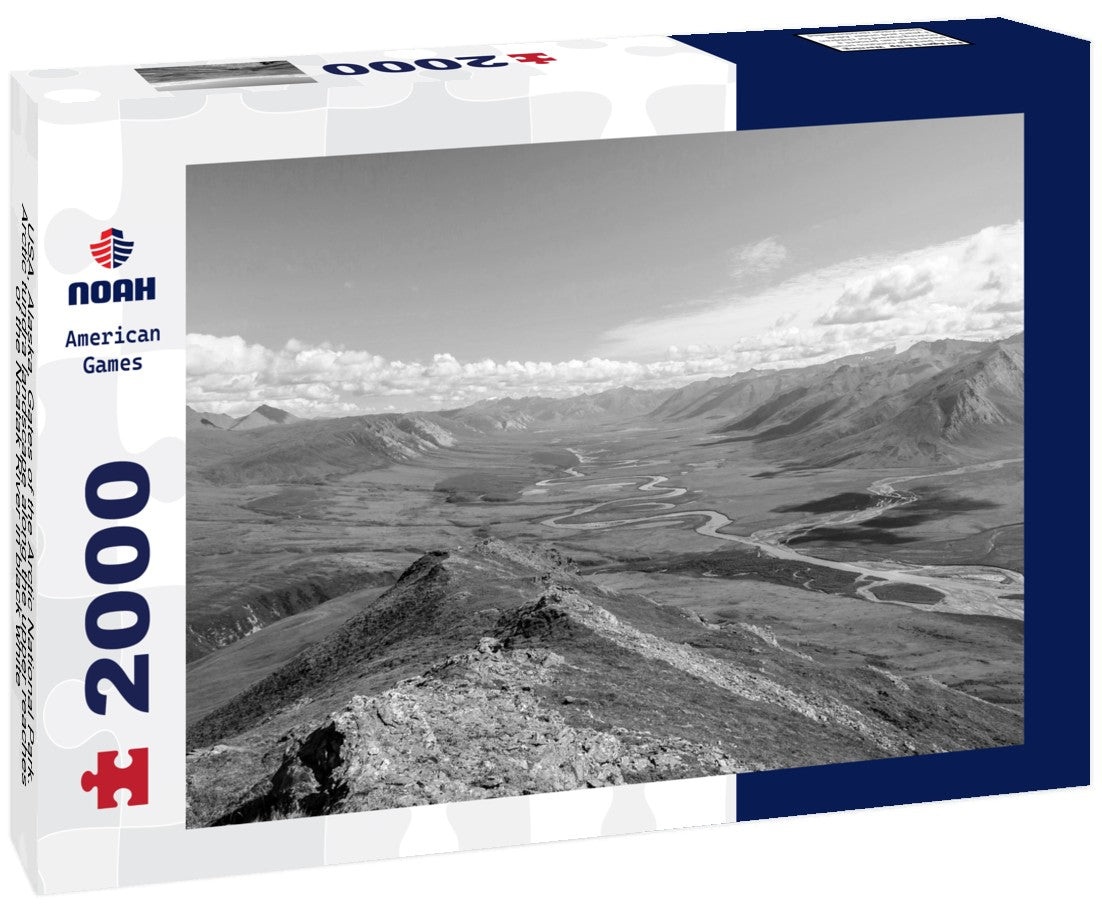 Noah Jigsaw Puzzle USA, Alaska, Gates of the Arctic National Park. Arctic tundra landscape along the upper reaches of the Noatak River in black white 2000 pieces