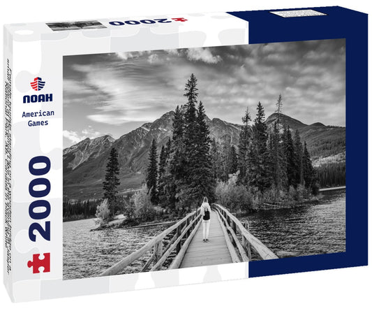 Noah Jigsaw Puzzle Female tourists standing on a wooden bridge on a small island at Pyramid Lake in the evening in Jasper National Park, AB, Canada in black white 2000 pieces