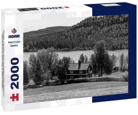 Noah Jigsaw Puzzle Norsjö, Sweden A picturesque view of a lake, a barn, a mountain and a field of yellow dandelions in summer in black white 2000 pieces