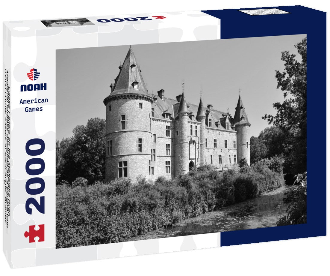 Noah Jigsaw Puzzle Castle Fallais on the Mehaigne river. Medieval fortress designed as a square with round corner towers at each angle. Braives, Liège, Wallonia, Belgium, Europe in black white 2000 pieces