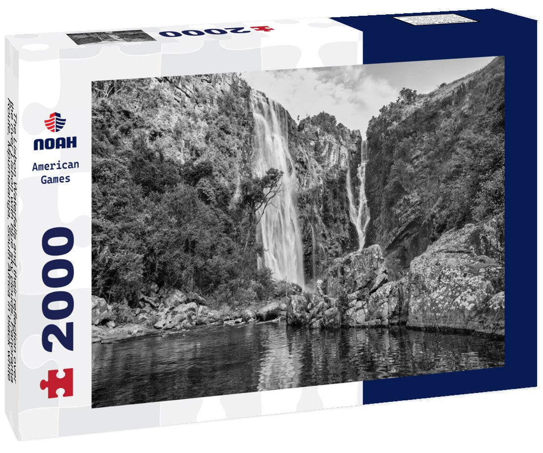 Noah Jigsaw Puzzle The Lisbon Waterfalls and their reflection over the river Lisbon with blue sky clouds, Panorama Route, Mpumalanga, South Africa in black white 2000 pieces