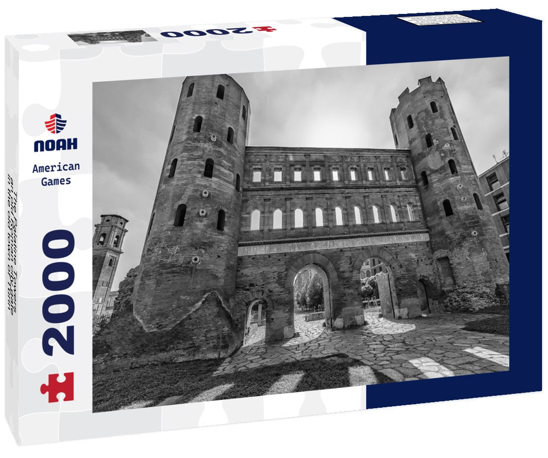 Noah Jigsaw Puzzle The Palatine Towers, an old Roman city gate in the old town of Turin, Italy in black white 2000 pieces