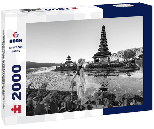 Noah Jigsaw Puzzle Young woman tourist relaxing and enjoying the beautiful view at Ulun Danu Beratan temple in Bali, Indonesia in black white 2000 pieces