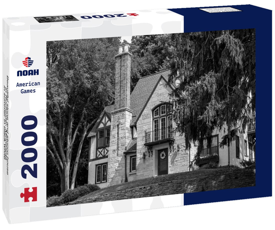 Noah Jigsaw Puzzle Beautiful stone and stucco house in Rochester, Minnesota, in summer in black white 2000 pieces