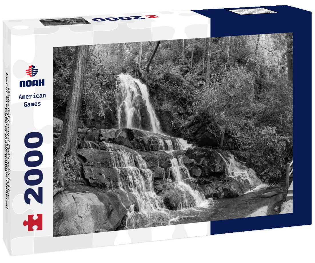 Noah Jigsaw Puzzle Waterfall Laurel Falls with bridge trail in Great Smoky Mountains National Park in black white 2000 pieces