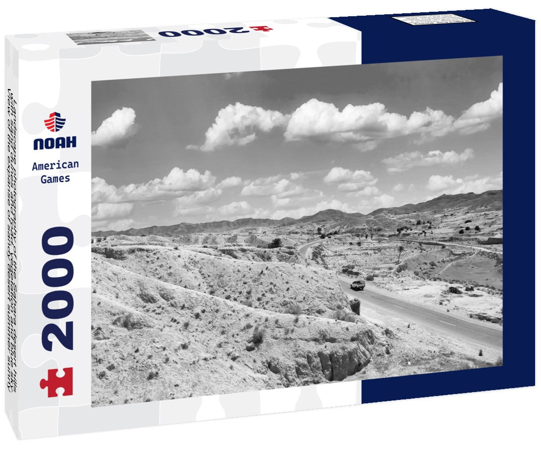 Noah Jigsaw Puzzle Landscape photography of the Sahara desert hills with sand dunes and road, vegetation and blue sky. View of the expanse of sandy desert summer sunny day, Sahara, Tozeur, Tunisia in black white 2000 pieces