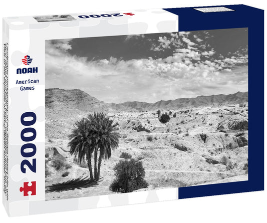 Noah Jigsaw Puzzle Landscape photography of the Sahara desert hills with sand dunes and palm trees, vegetation and blue sky. View of the expanse of sandy desert summer sunny day, Sahara, Tozeur, Tunisia in black white 2000 pieces