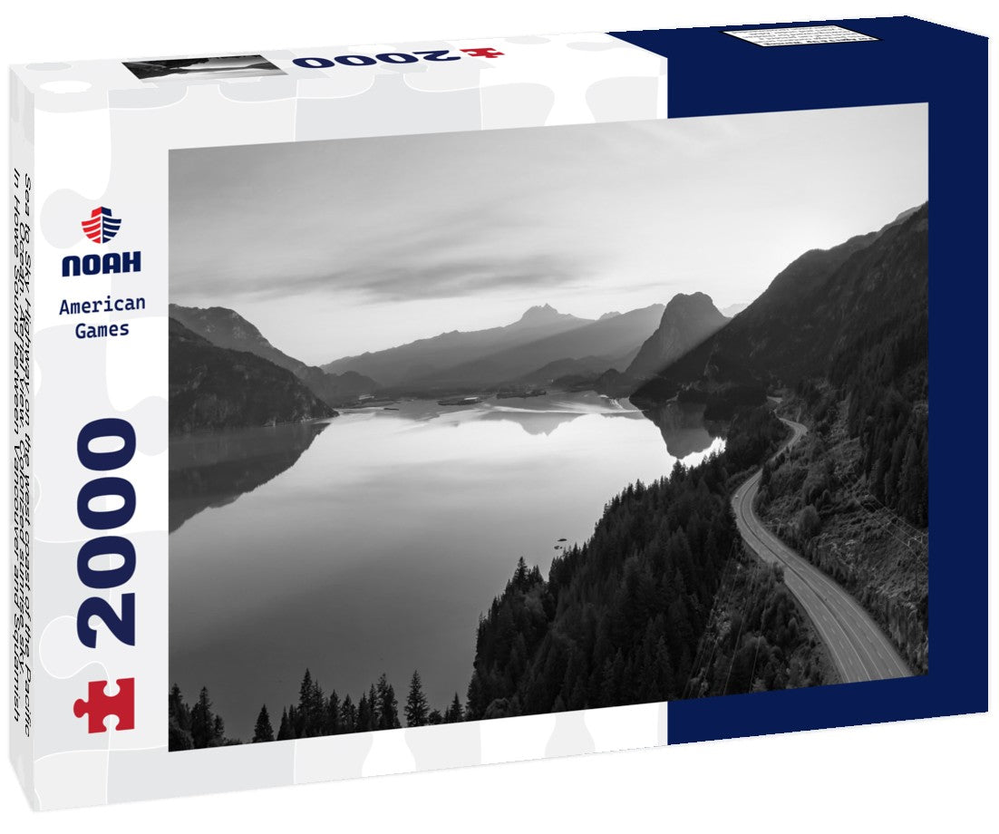 Noah Jigsaw Puzzle Sea to Sky Highway on the west coast of the Pacific Ocean. Aerial view. Colorized sunrise sky. In Howe Sound between Vancouver and Squamish, British Columbia, Canada in black white 2000 pieces