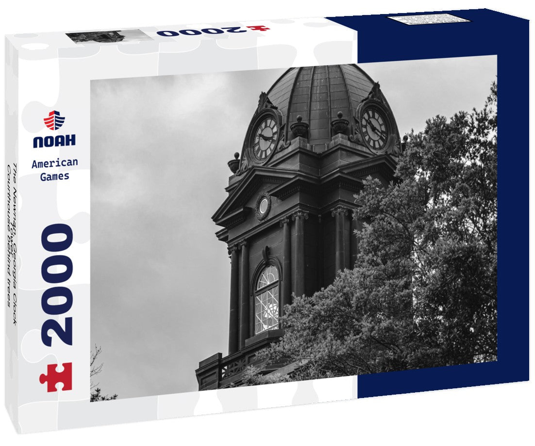 Noah Jigsaw Puzzle The Newnan, Georgia Clock Tower - Courthouse behind trees with blue sky in black white 2000 pieces