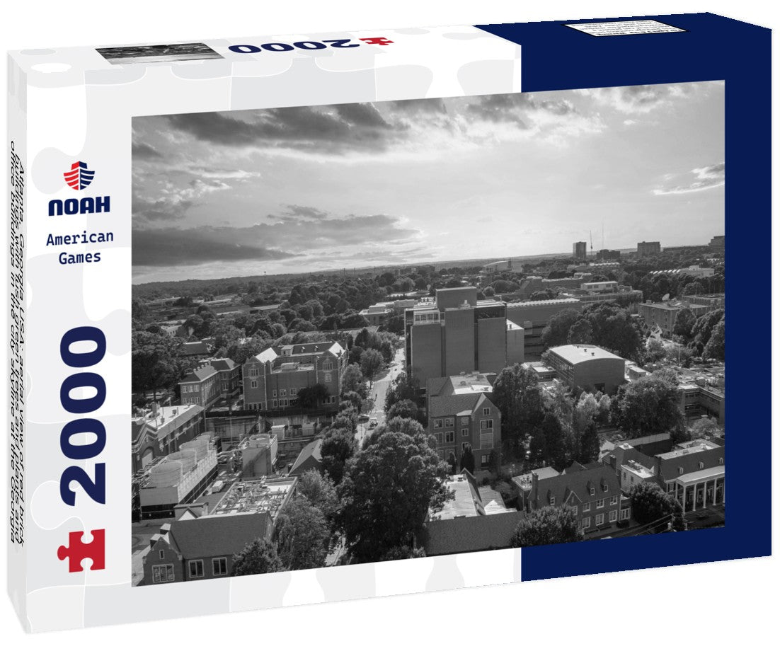 Noah Jigsaw Puzzle Atlanta, Georgia USA: aerial view of red brick buildings with lush green trees and plants and office buildings in the city skyline at the Georgia Institute of Technology in black white 2000 pieces