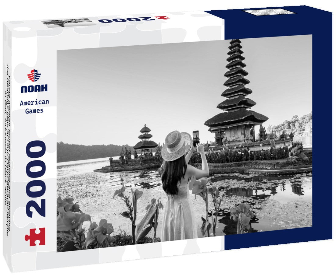 Noah Jigsaw Puzzle Young woman tourist relaxing and enjoying the beautiful view at Ulun Danu Beratan temple in Bali, Indonesia in black white 2000 pieces