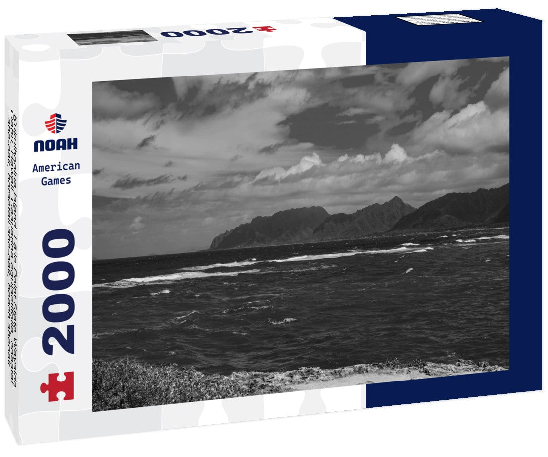 Noah Jigsaw Puzzle Kukuihoolua Island. La?ie Point State Wayside, Oahu, Hawaii. Casuarina equisetifolia, coastal she-oak, horsetail she-oak, beach sheoak, beach casuarina or whistling tree in black white 2000 pieces