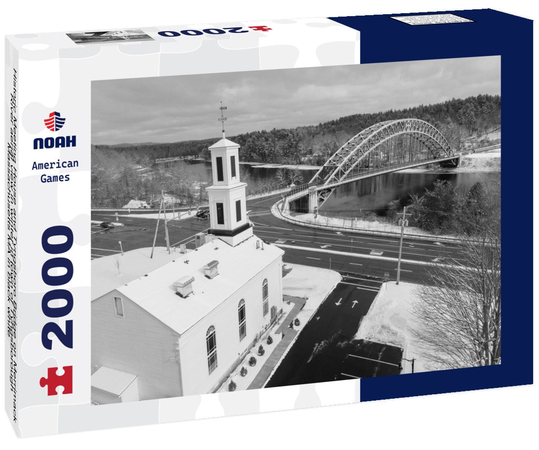 Noah Jigsaw Puzzle Historic Meeting House and Tyngsboro Bridge on Merrimack River aerial view in winter in town of Tyngsborough, Massachusetts MA in black white 2000 pieces