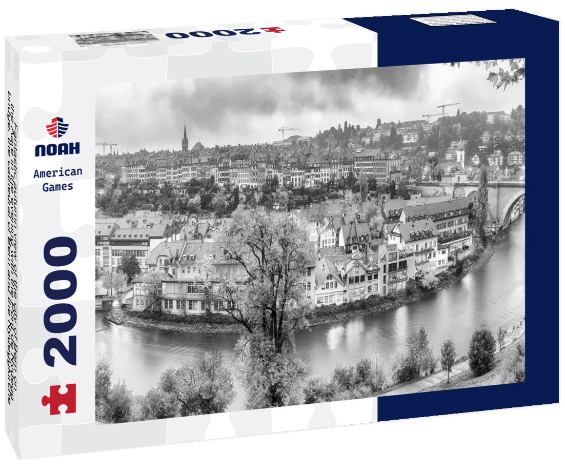 Noah Jigsaw Puzzle Fantastic autumn view of the city of Bern on the Aare in the evening with the Pont de Nydegg bridge, the cathedral of Bern and the Nydeggkirche - Protestant church in black white 2000 pieces