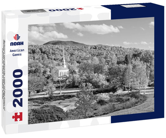 Noah Jigsaw Puzzle Autumn countryside view of the town of Stowe with white church and fall colors, Vermont, USA in black white 2000 pieces