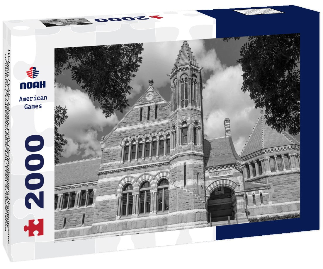 Noah Jigsaw Puzzle Woburn Public Library with Richardsonian Romanesque style at 45 Pleasant Street in historic city center of Woburn, Massachusetts MA, USA in black white 2000 pieces