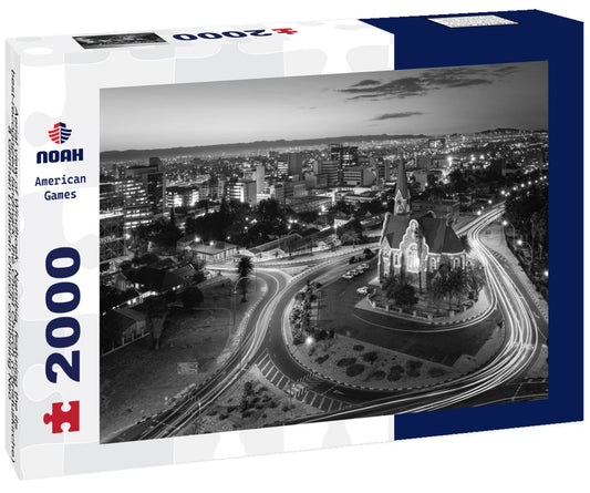 Noah Jigsaw Puzzle Aerial view of Windhoek, Namibia, featuring the its best-recognized landmark, the Christ Church (Christuskirche), a German Lutheran church combining Neo-Gothic and Art Nouveau styles, built in 1907 in black white 2000 pieces