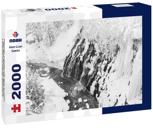 Noah Jigsaw Puzzle Shirahige waterfall with snow in winter, Biei River flowing into Blue Pond. Landmark and popular attraction in Hokkaido, Japan in black white 2000 pieces