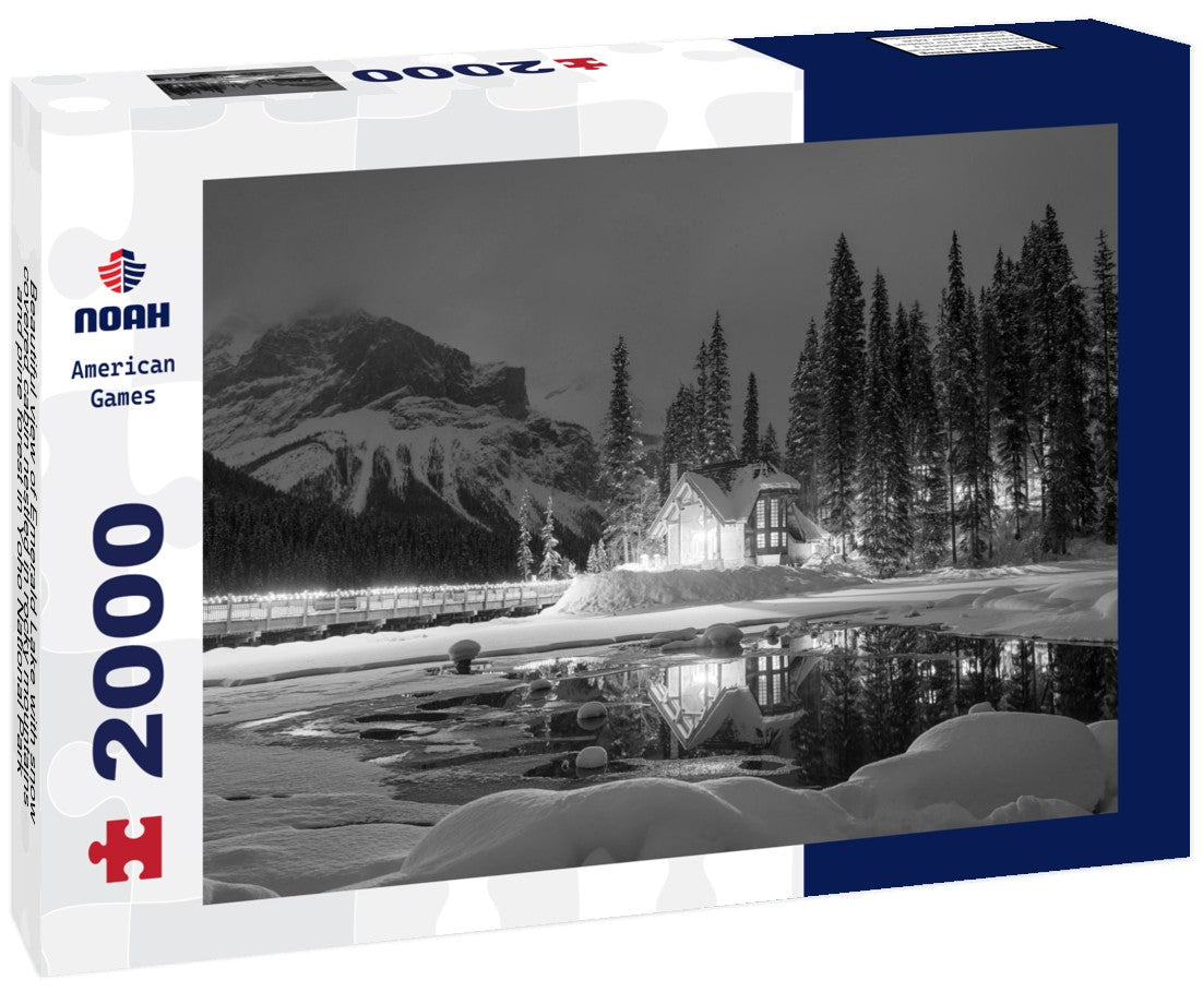 Noah Jigsaw Puzzle Beautiful view of Emerald Lake with snow-covered cabin nestled in rocky mountains and pine forest in Yoho National Park, British Columbia, Canada in black white 2000 pieces