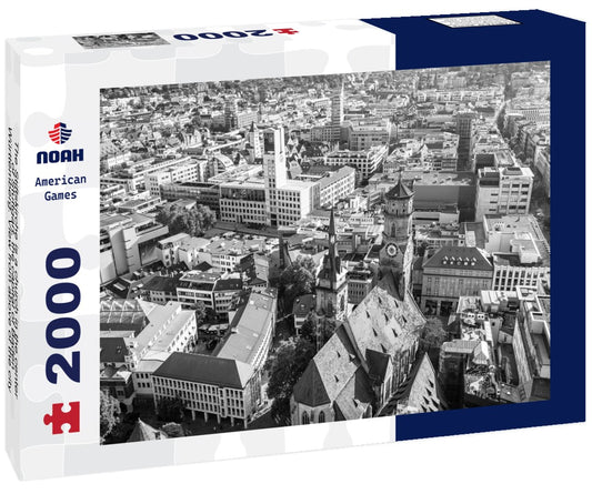 Noah Jigsaw Puzzle The Stiftskirche is a church in the center of Stuttgart, the capital of Baden-Württemberg. View from above of the city buildings in black white 2000 pieces