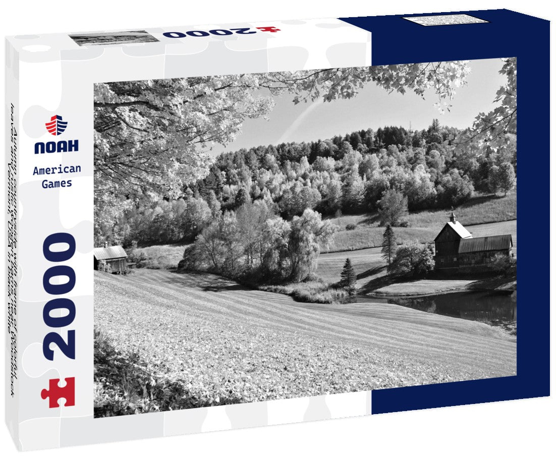 Noah Jigsaw Puzzle Autumn countryside with frame of colorful leaves and rustic wooden barns near Woodstock, Vermont, USA in black white 2000 pieces