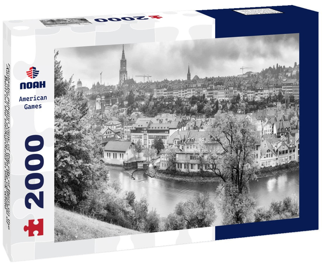 Noah Jigsaw Puzzle Fantastic autumn view of the city of Bern on the Aare river in the evening with the cathedral of Bern on the background in black white 2000 pieces