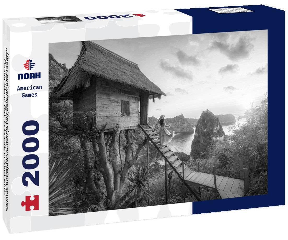 Noah Jigsaw Puzzle Happy and relaxed travel woman watching sunrise, tree house with diamond beach, Atuh beach in Nusa Penida island, Bali, Indonesia in black white 2000 pieces
