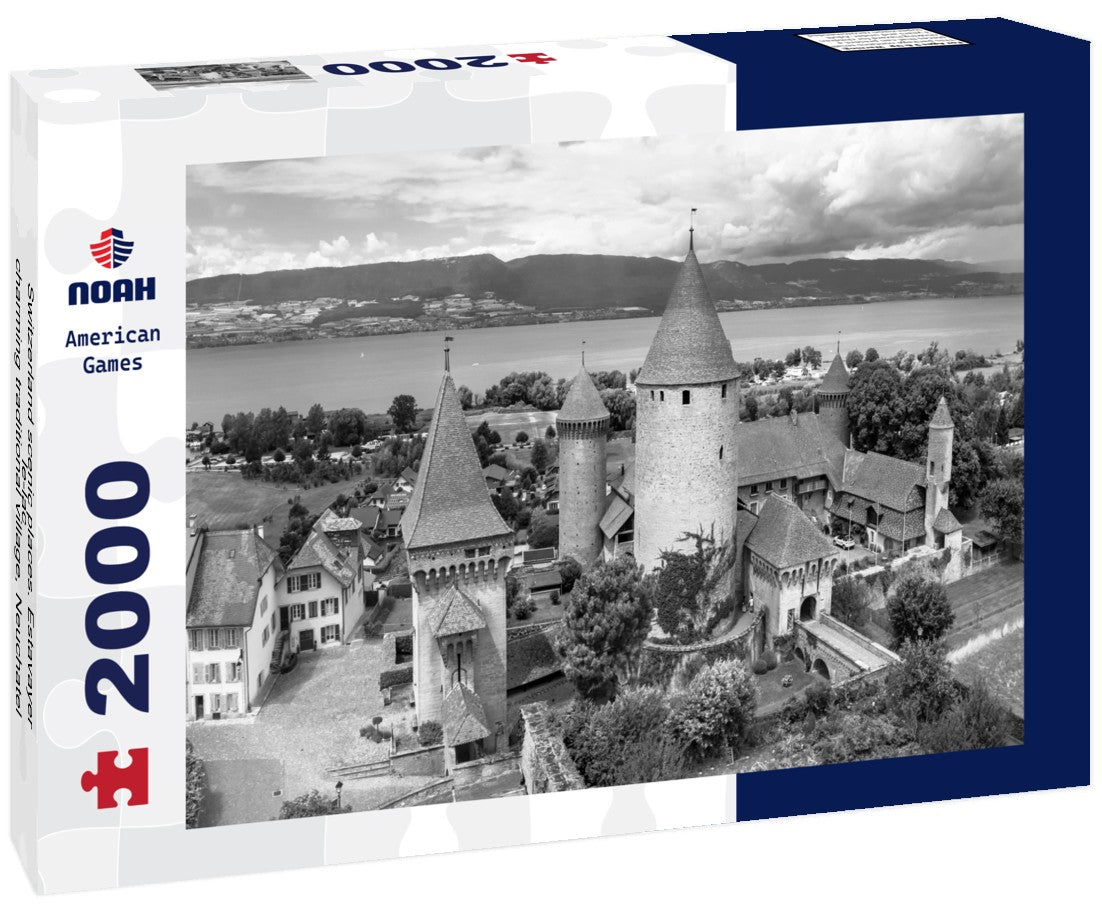Noah Jigsaw Puzzle Switzerland scenic places. Estavayer-le-lac - charming traditional village, Neuchatel lake. Air dry video of medieval castle. Canton of Fribourg in black white 2000 pieces