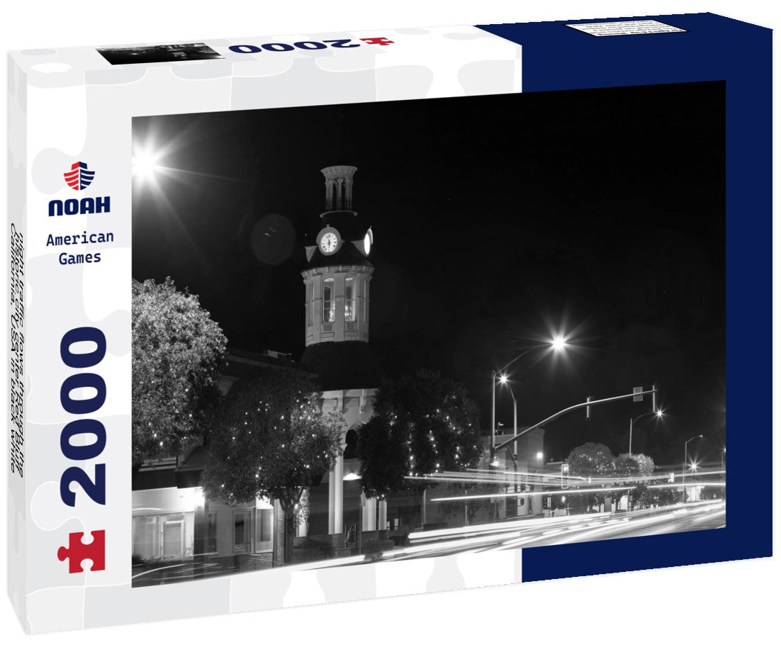 Noah Jigsaw Puzzle night traffic flows through the historic city center Red Bluff, California, USA in black white 2000 pieces