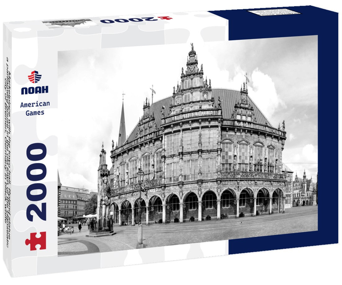 Noah Jigsaw Puzzle Marketplace with the town hall, Roland statue a parliament house in the old town of the Hanseatic city of Bremen, Germany in black white 2000 pieces