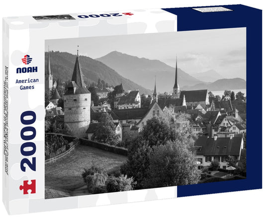 Noah Jigsaw Puzzle View of the medieval town of Zug and the surrounding Swiss Alps at sunset, Switzerland in black white 2000 pieces