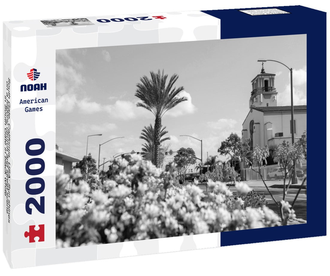 Noah Jigsaw Puzzle South Gate, California, USA: Sun shines on a historic church and street scene in South Gate in black white 2000 pieces