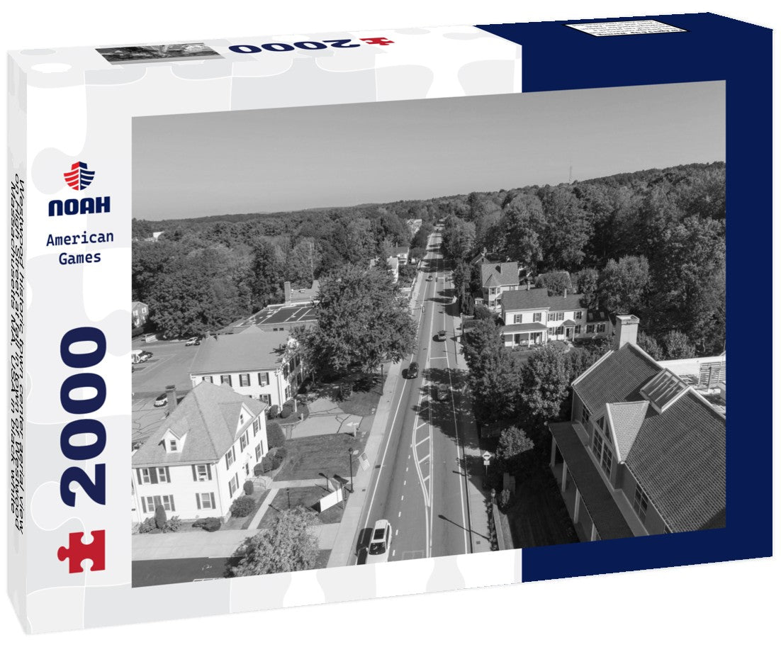Noah Jigsaw Puzzle Westwood historic town center aerial view on High Street at fall in town of Westwood, Massachusetts MA, USA in black white 2000 pieces
