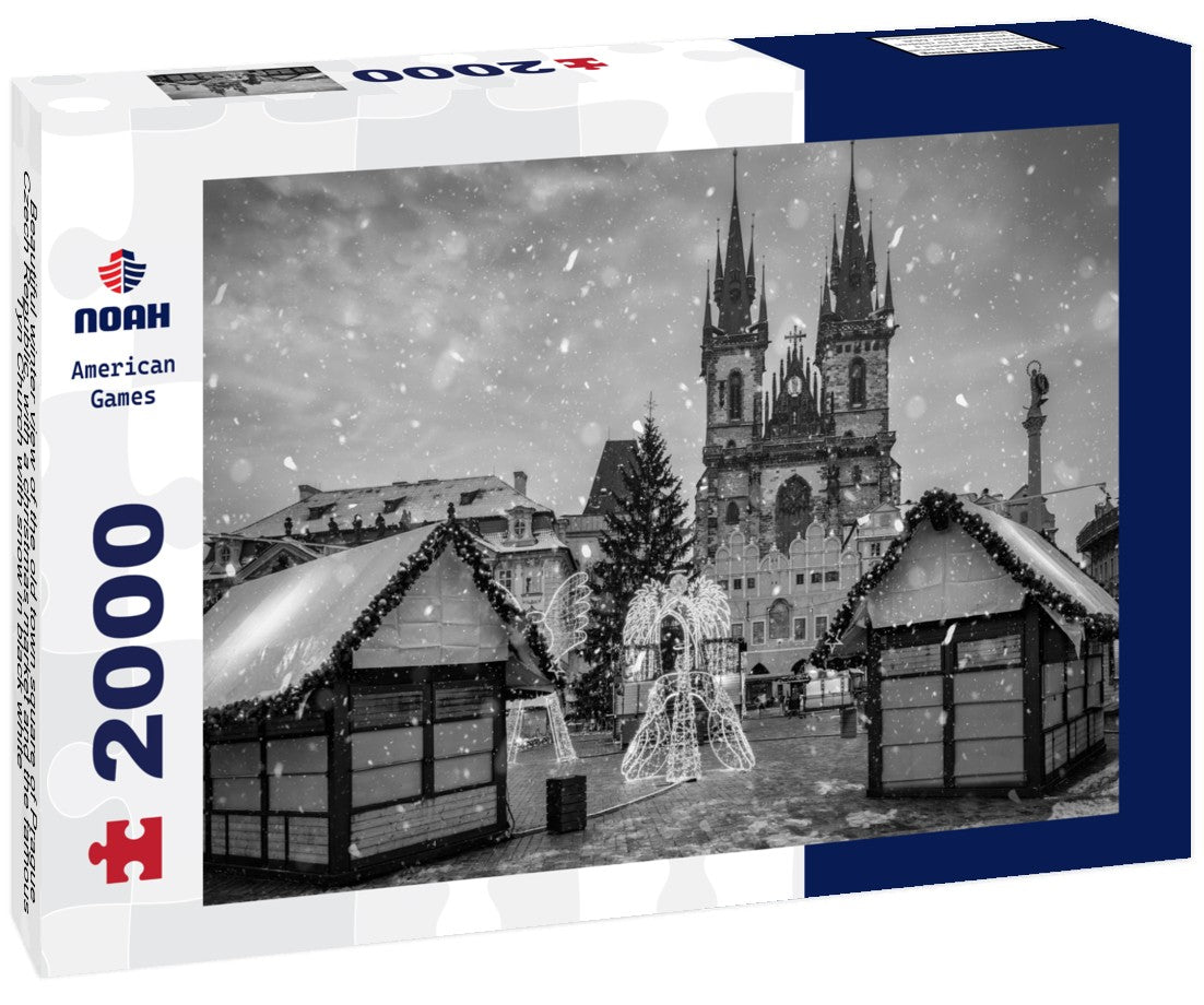 Noah Jigsaw Puzzle Beautiful winter view of the old town square of Prague, Czech Republic, with a christmas market and the famous Tyn Church with snow in black white 2000 pieces