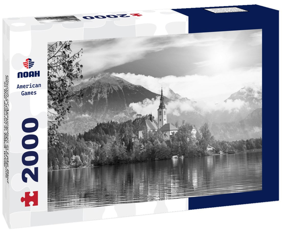 Noah Jigsaw Puzzle Church of Assumption in Lake Bled, Slovenia with blue sky and clouds in the autumn in black white 2000 pieces