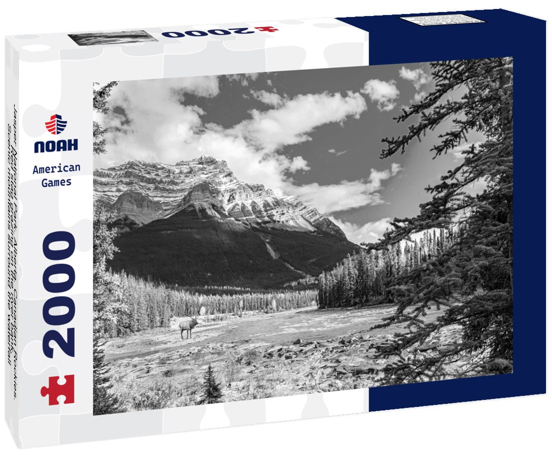 Noah Jigsaw Puzzle Jasper National Park. Alberta. Canadian Rockies. Red stag grazing on the river bank. Scenic mountains surround the waterfall and river Athabasca in black white 2000 pieces