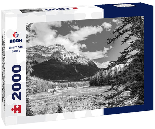 Noah Jigsaw Puzzle Jasper National Park. Alberta. Canadian Rockies. Red stag grazing on the river bank. Scenic mountains surround the waterfall and river Athabasca in black white 2000 pieces