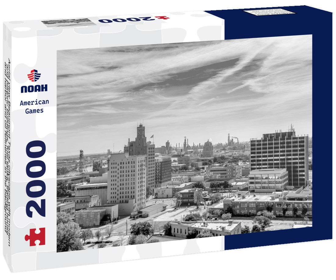 Noah Jigsaw Puzzle Aerial view Beaumont Texas cityscape with modern and historic buildings, fuel tanks, trading house and harbor and oil refineries in the background with partly cloudy blue sky in black white 2000 pieces